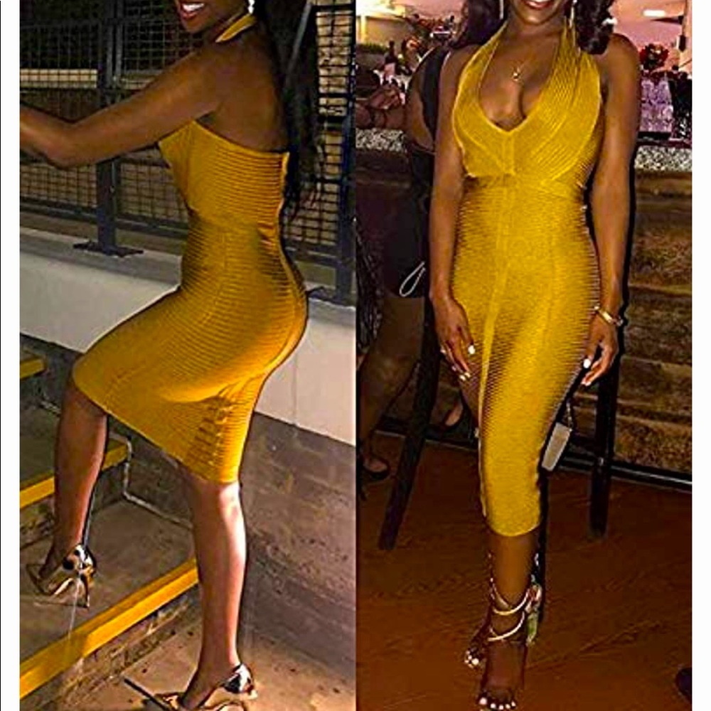 Bodycon corn husk colored halter dress, NWOT